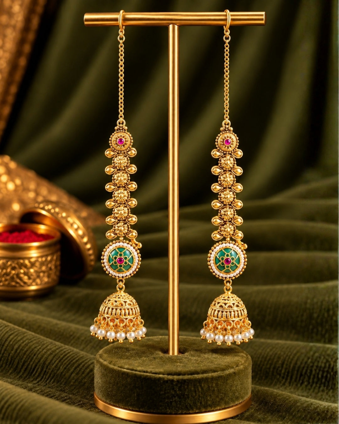 Women Brass 22K Micron Rajwadi Gold Plated White Beaded Chain Jhumka Earrings