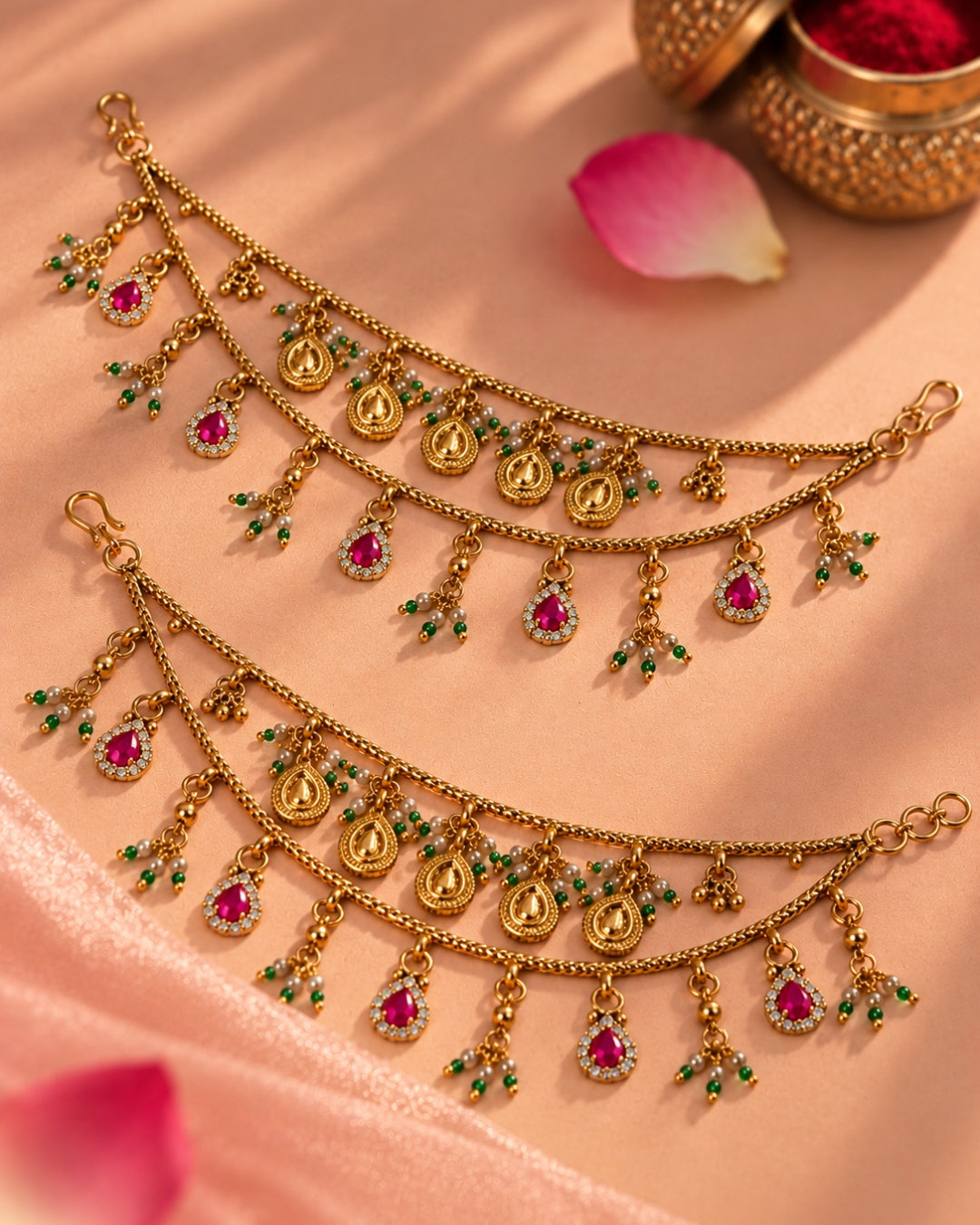 22K Micron Gold-Plated Jadau Pink Drop Elements Multilayer Ear Chain