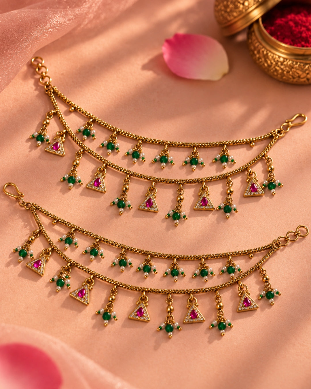 Gold-Plated Green Beaded Jadau Triangular Elements Multilayer Ear Chain