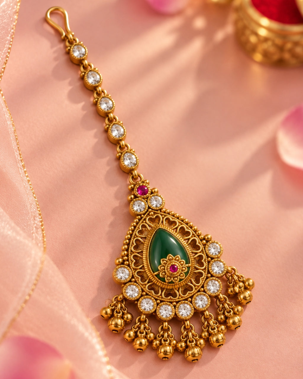 Traditional Brass Teardrop Stone & Beaded Maang Tikka