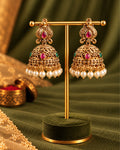 Gold-Plated White Beaded Traditional Bird Jhumka Earrings