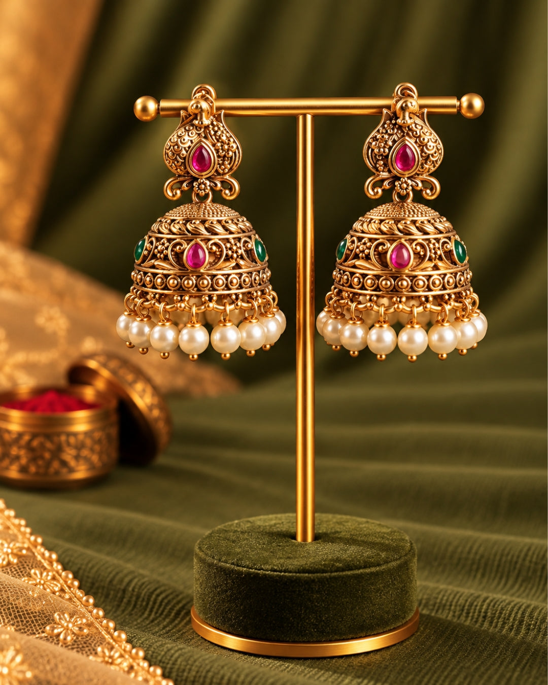 Gold-Plated White Beaded Traditional Bird Jhumka Earrings