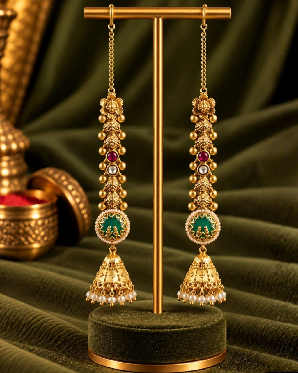 Traditional Brass 22K Micron Rajwadi Gold Plated White Beaded Chain Jhumka Earrings