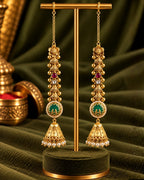 Traditional Brass 22K Micron Rajwadi Gold Plated White Beaded Chain Jhumka Earrings