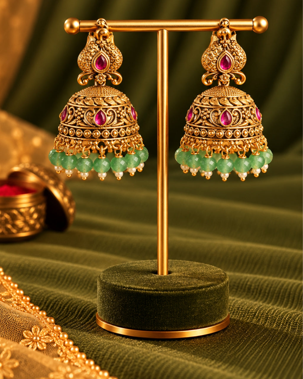 Traditional Gold-Plated Red stone & Mint Beads Bird Jhumka Earrings