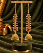 Women Brass 22K Micron Gold Plated Red Stone and AD Floral Traditional Chain Jhumka Earrings