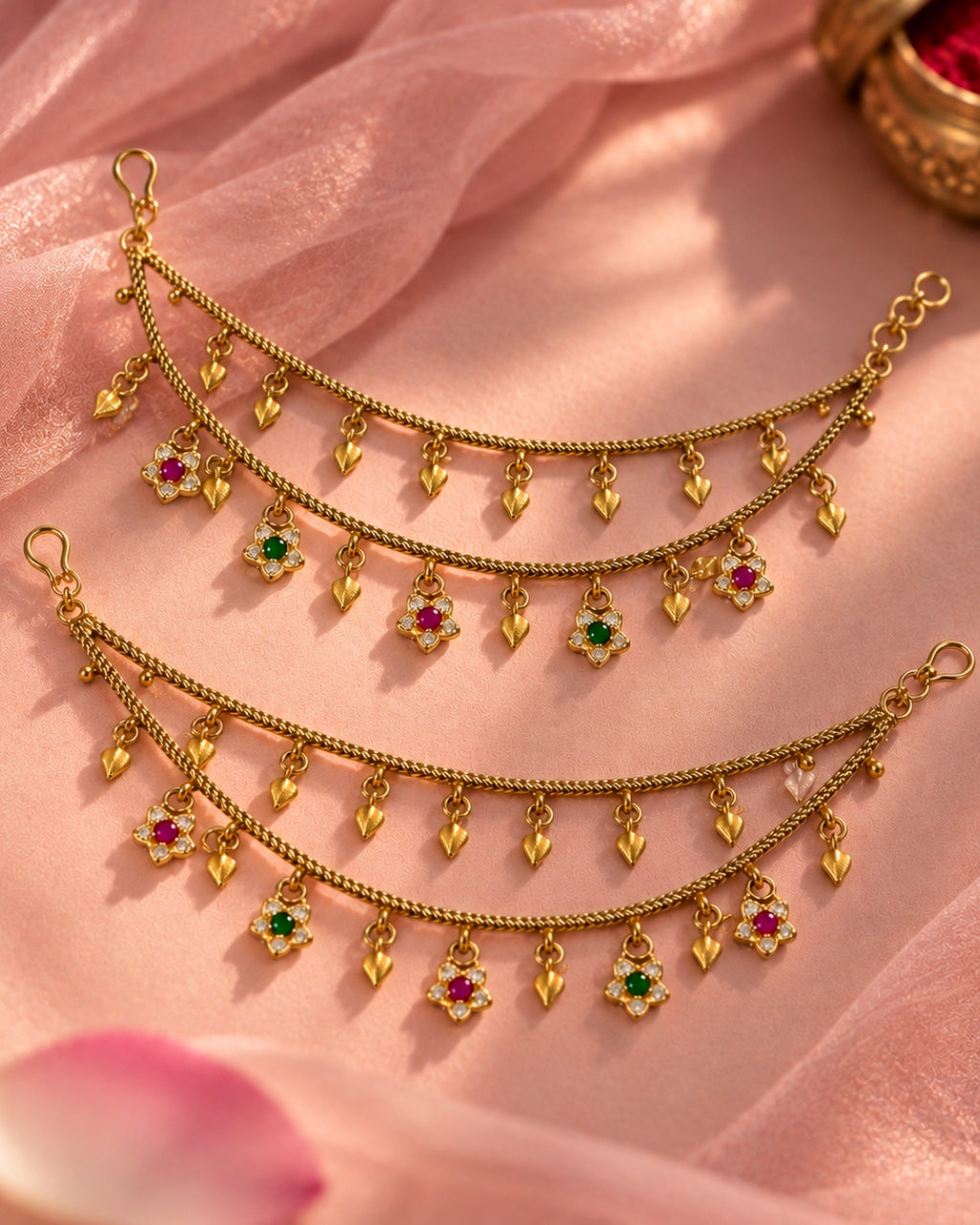 Women Brass 22K Micron Gold Plated Jadau Star Elements Multilayer Earchain