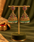 Mint Green Beaded & Red stone Temple Jhumka Earrings