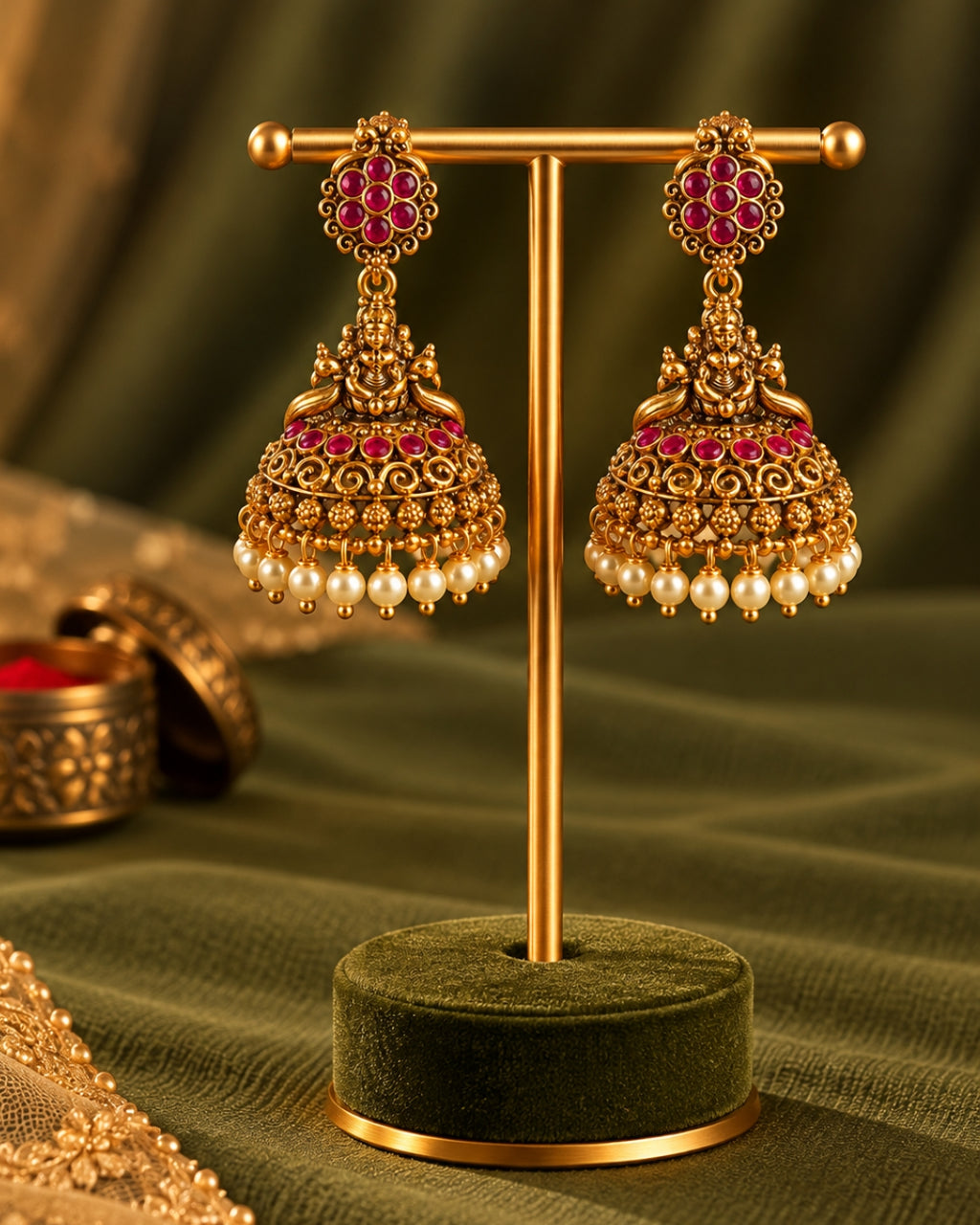 Temple White beaded Red Stone Traditional Jhumka Earrings