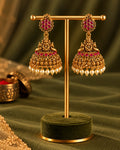 Temple White beaded Red Stone Traditional Jhumka Earrings