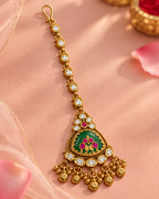 Traditional Brass Gold-Plated Maang Tikka with Green Stone & Beads