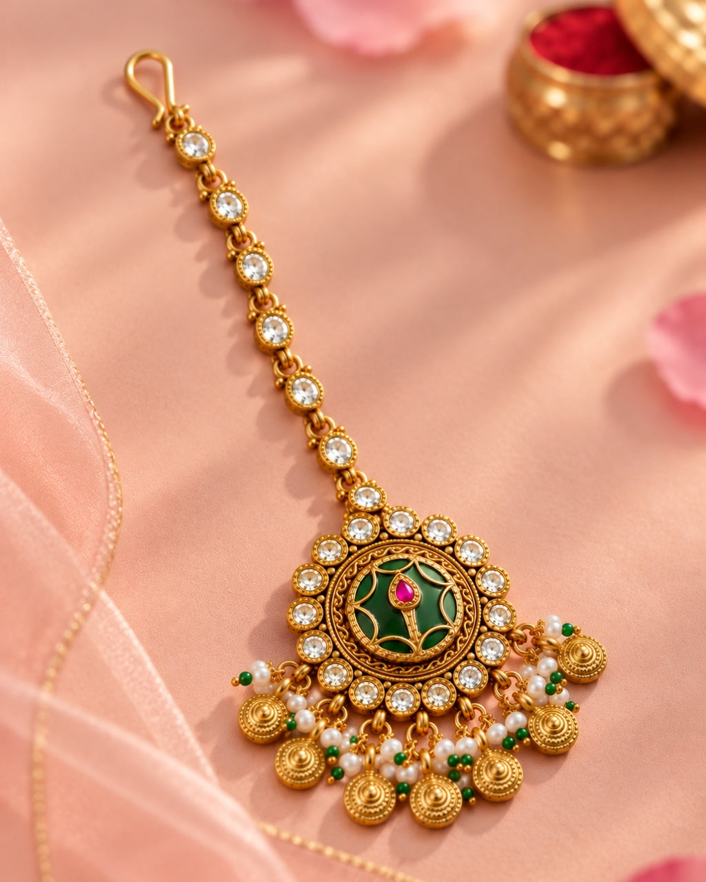Brass Gold-Plated Emerald Stone & Beaded Round Maang Tikka