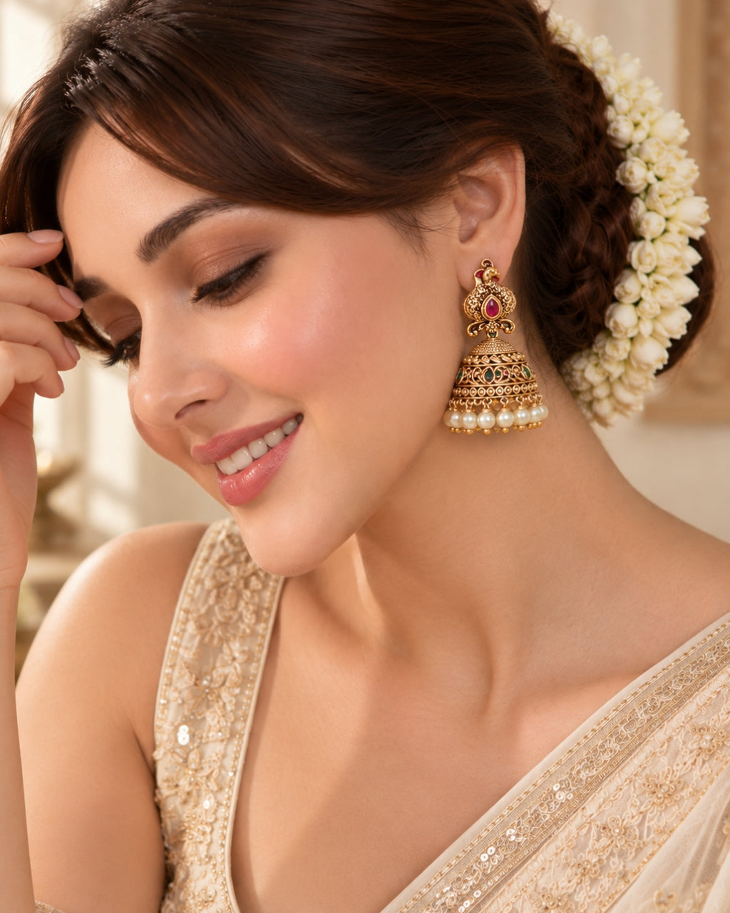 Red stones & White Beaded Gold-Plated Jhumka Earrings