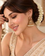 Red stones & White Beaded Gold-Plated Jhumka Earrings