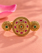 Brass Gold-Plated Jadau Round Pink & White Stone Double Finger Ring
