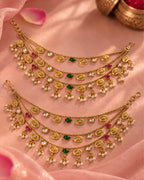 Women Brass 22K Micron Gold Plated Jadau Oval Elements Multilayer Earchain