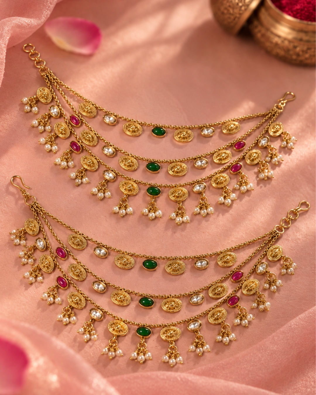 Women Brass 22K Micron Gold Plated Jadau Oval Elements Multilayer Earchain