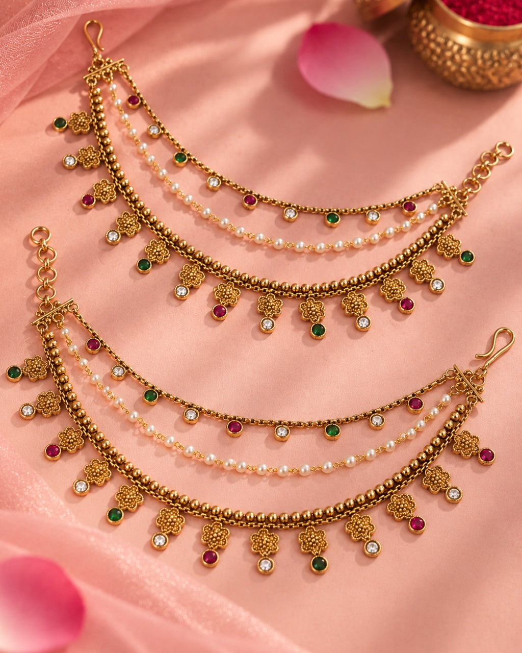 Traditional Brass 22 K Micron Gold Plated Jadau with Pearls Floral Multilayer Earchain