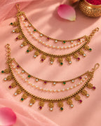 Traditional Brass 22 K Micron Gold Plated Jadau with Pearls Floral Multilayer Earchain