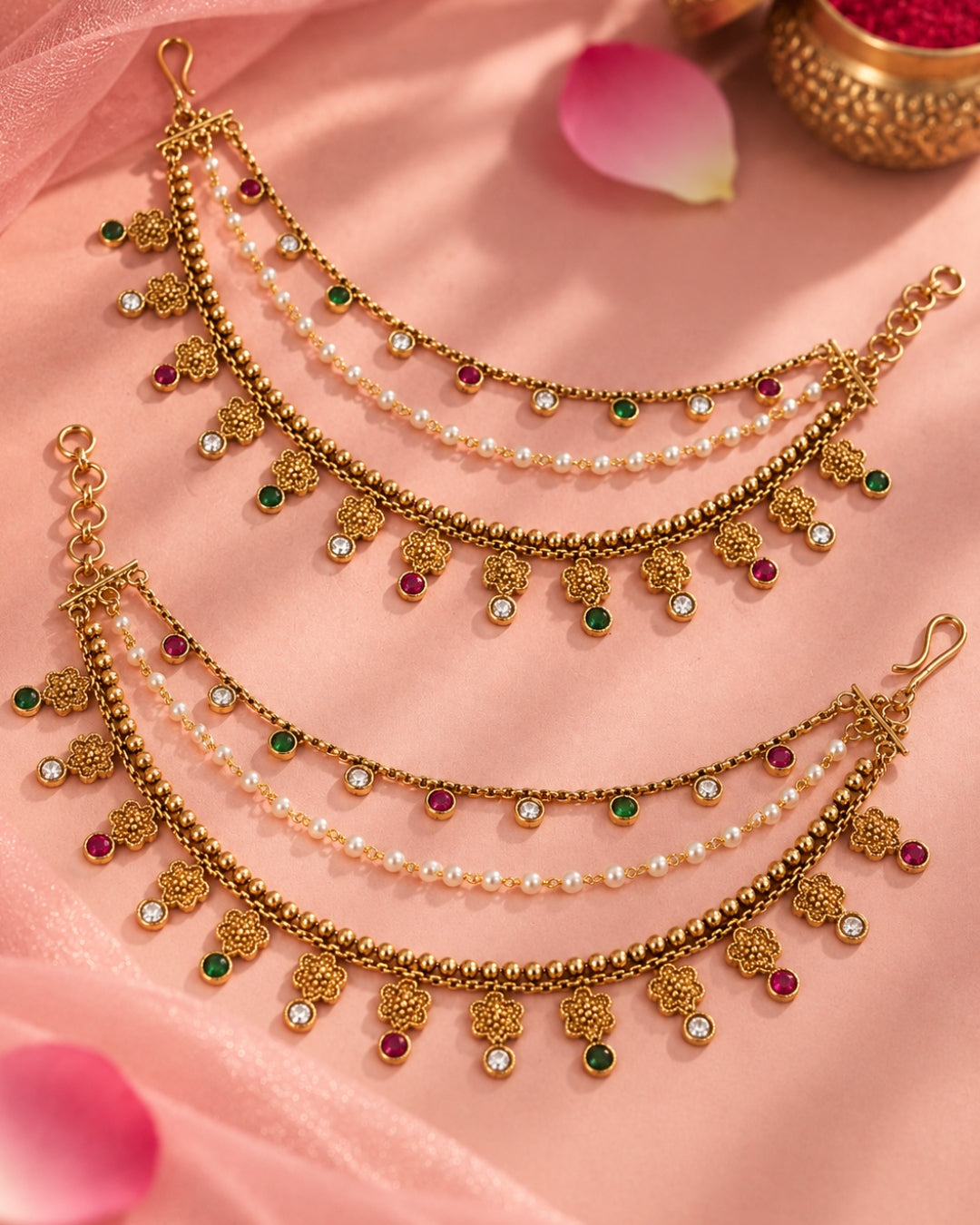 Traditional Brass 22 K Micron Gold Plated Jadau with Pearls Floral Multilayer Earchain