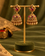 Gold-Plated Golden Beads & Red Stones Traditional Jhumka Earrings