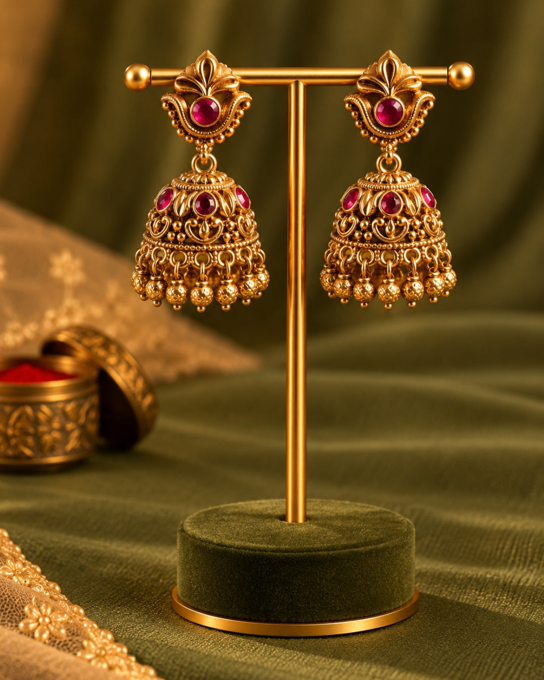 Gold-Plated Golden Beads & Red Stones Traditional Jhumka Earrings