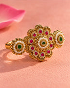 Brass Gold Plated Floral Jadau Double Floral Finger Ring