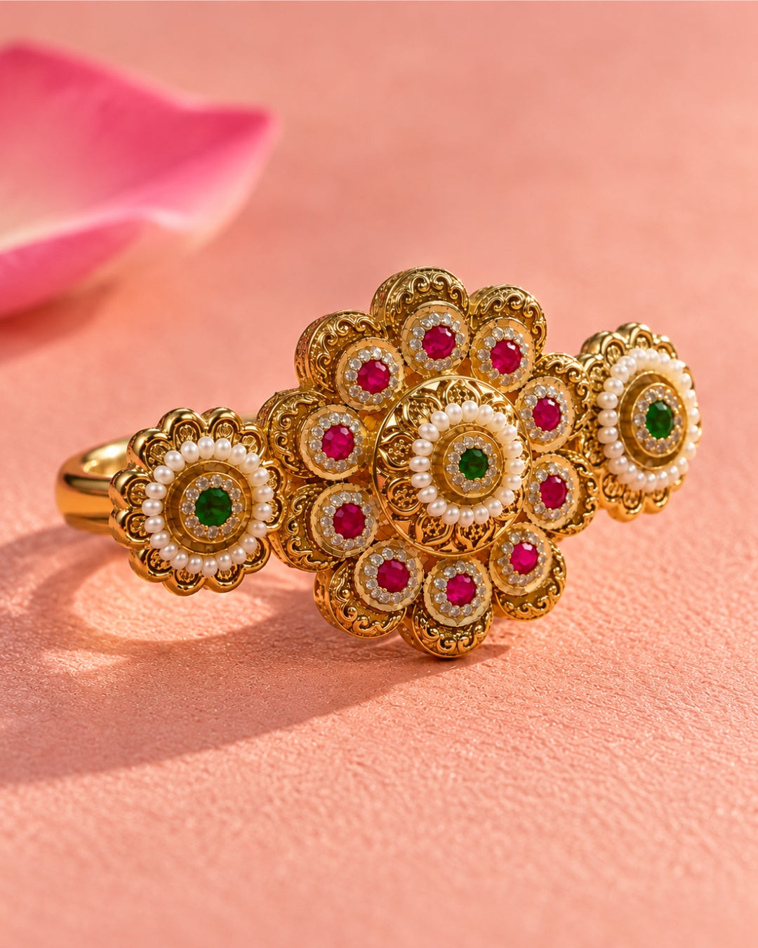 Brass Gold Plated Floral Jadau Double Floral Finger Ring