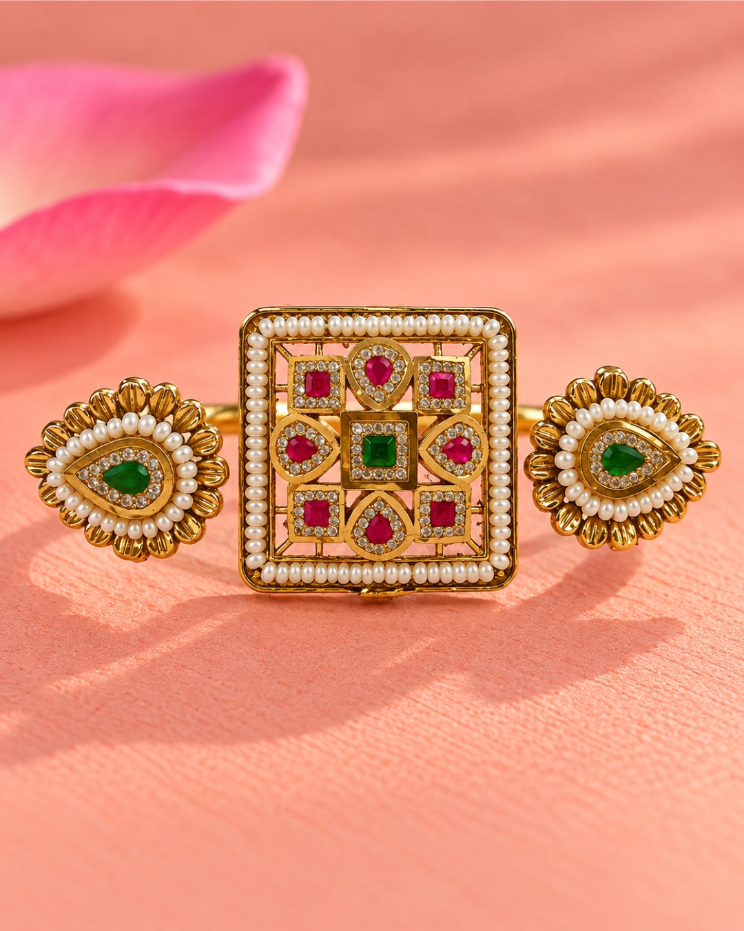 Brass Gold-Plated Jadau Square & Drop Double Finger Ring