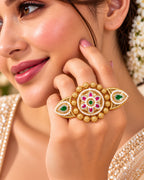 Brass Gold-Plated Jadau Round Pearl & Stone Studded Double Finger Ring