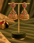 Temple Red & Green Stone Gold Plated Jhumka Earrings