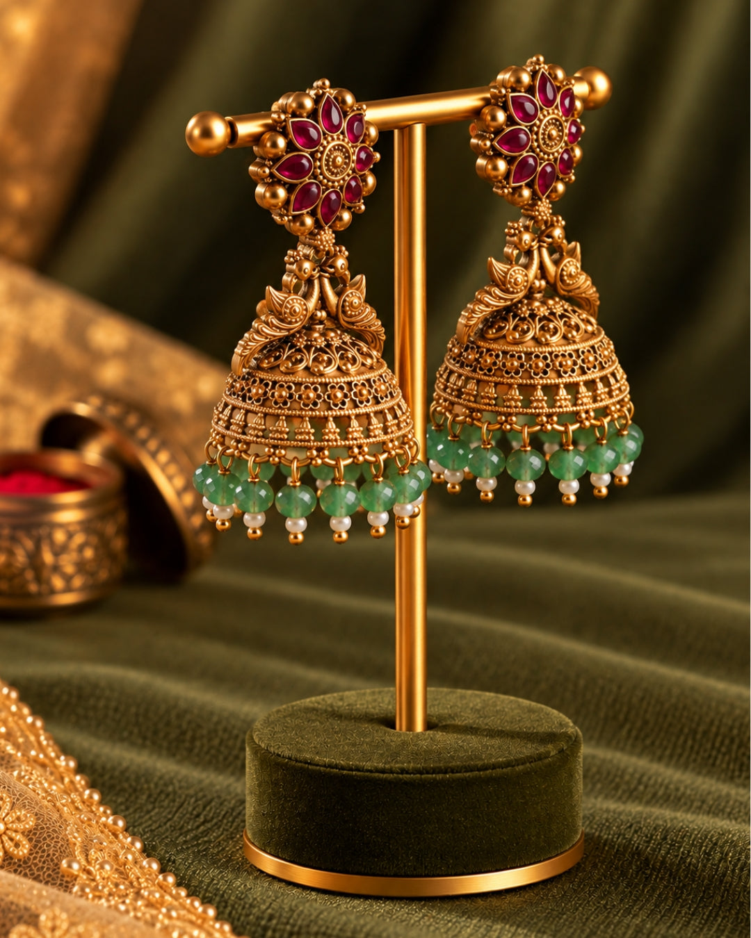Gold Plated Peacock Red Stone & Green beads Jhumka Earrings