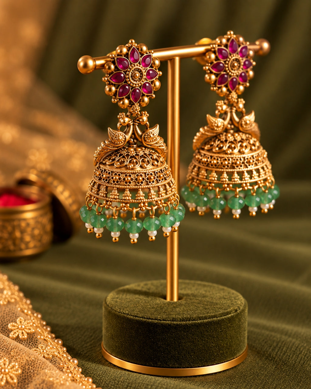 Gold Plated Peacock Red Stone & Green beads Jhumka Earrings