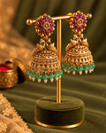 Gold Plated Peacock Red Stone & Green beads Jhumka Earrings