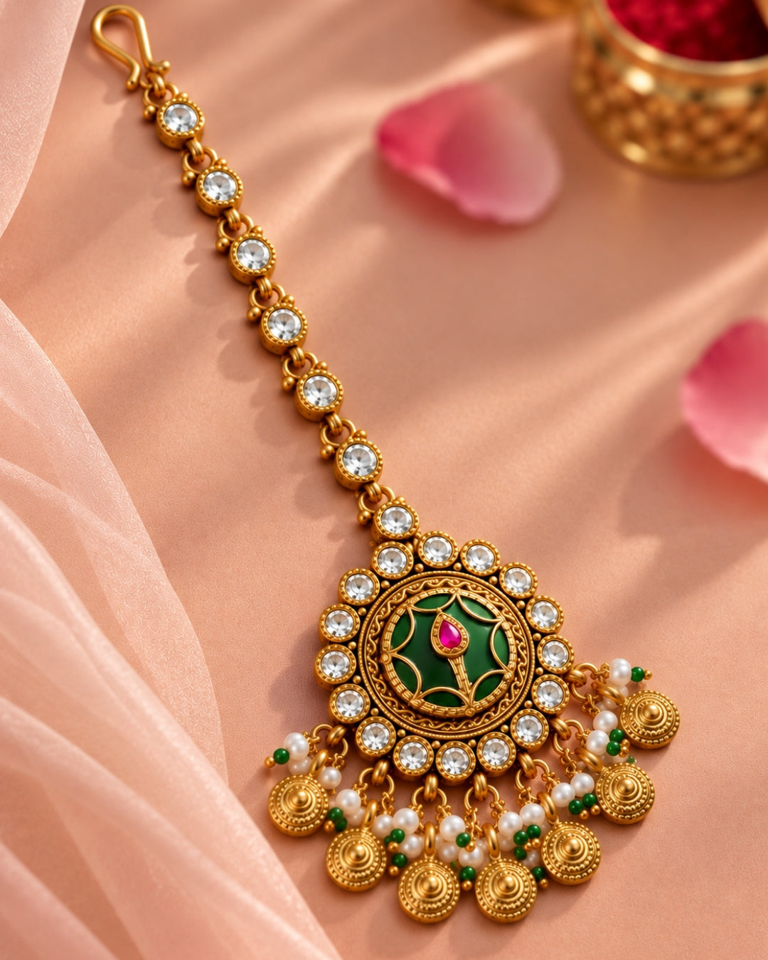Brass Gold-Plated Emerald Stone & Beaded Round Maang Tikka