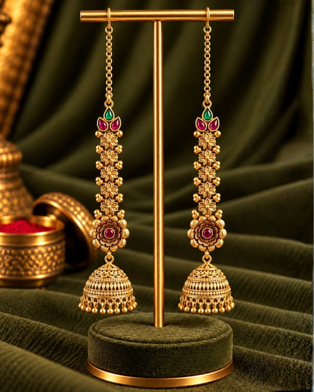 Traditional Brass 22K Micron Gold Plated Chain Jhumka Earrings