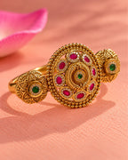 Brass Gold-Plated Jadau Round Pink & White Stone Double Finger Ring