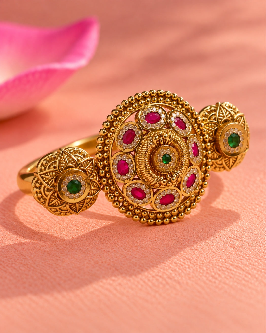 Brass Gold-Plated Jadau Round Pink & White Stone Double Finger Ring