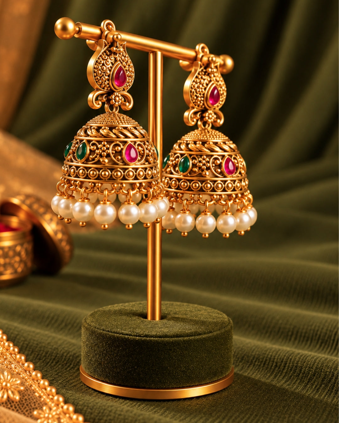 Gold-Plated White Beaded Traditional Bird Jhumka Earrings