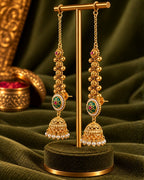 Women Brass 22K Micron Rajwadi Gold Plated White Beaded Chain Jhumka Earrings