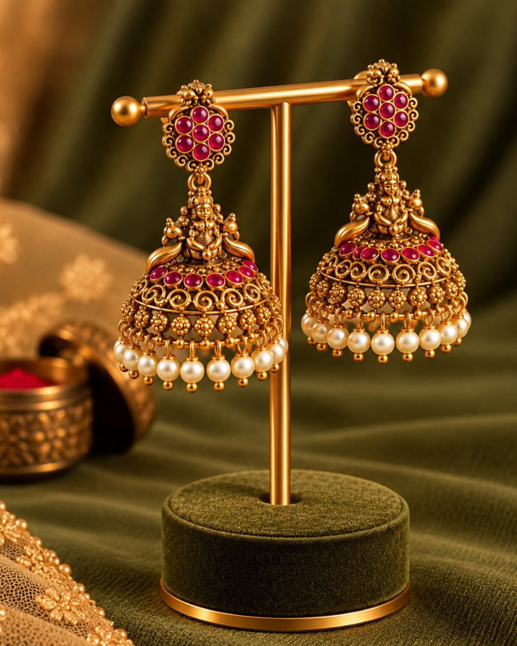 Temple White beaded Red Stone Traditional Jhumka Earrings