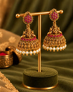 Temple White beaded Red Stone Traditional Jhumka Earrings