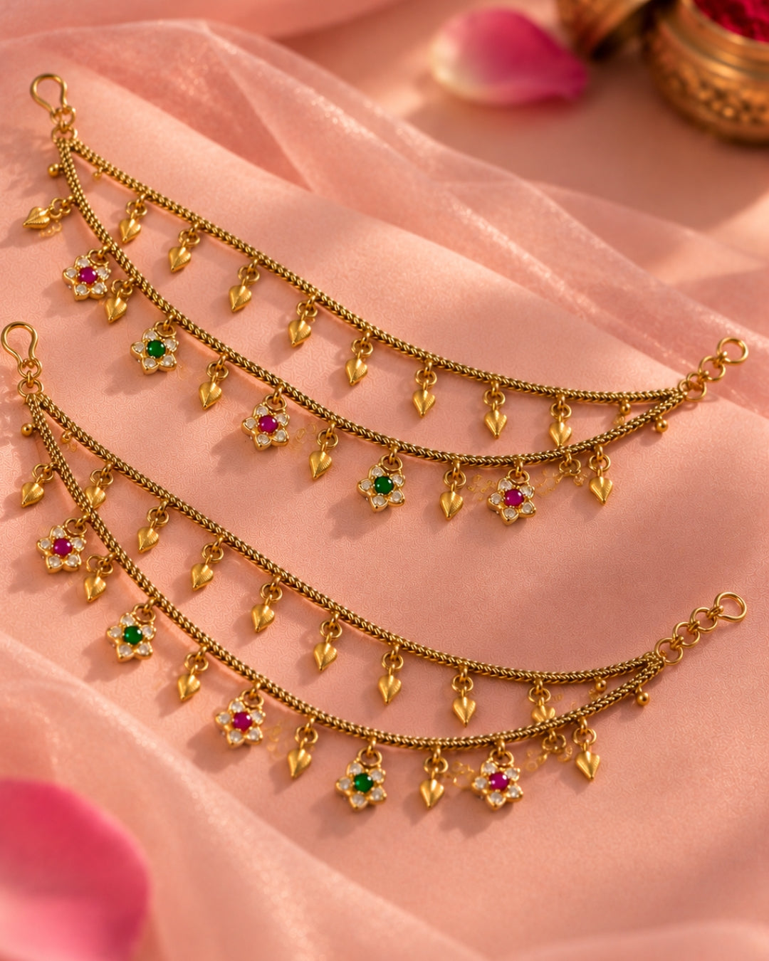 Women Brass 22K Micron Gold Plated Jadau Star Elements Multilayer Earchain