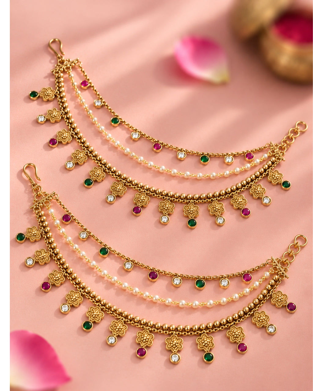 Traditional Brass 22 K Micron Gold Plated Jadau with Pearls Floral Multilayer Earchain