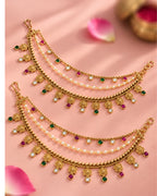 Traditional Brass 22 K Micron Gold Plated Jadau with Pearls Floral Multilayer Earchain
