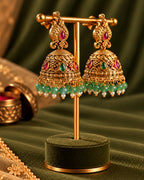 Traditional Gold-Plated Red stone & Mint Beads Bird Jhumka Earrings