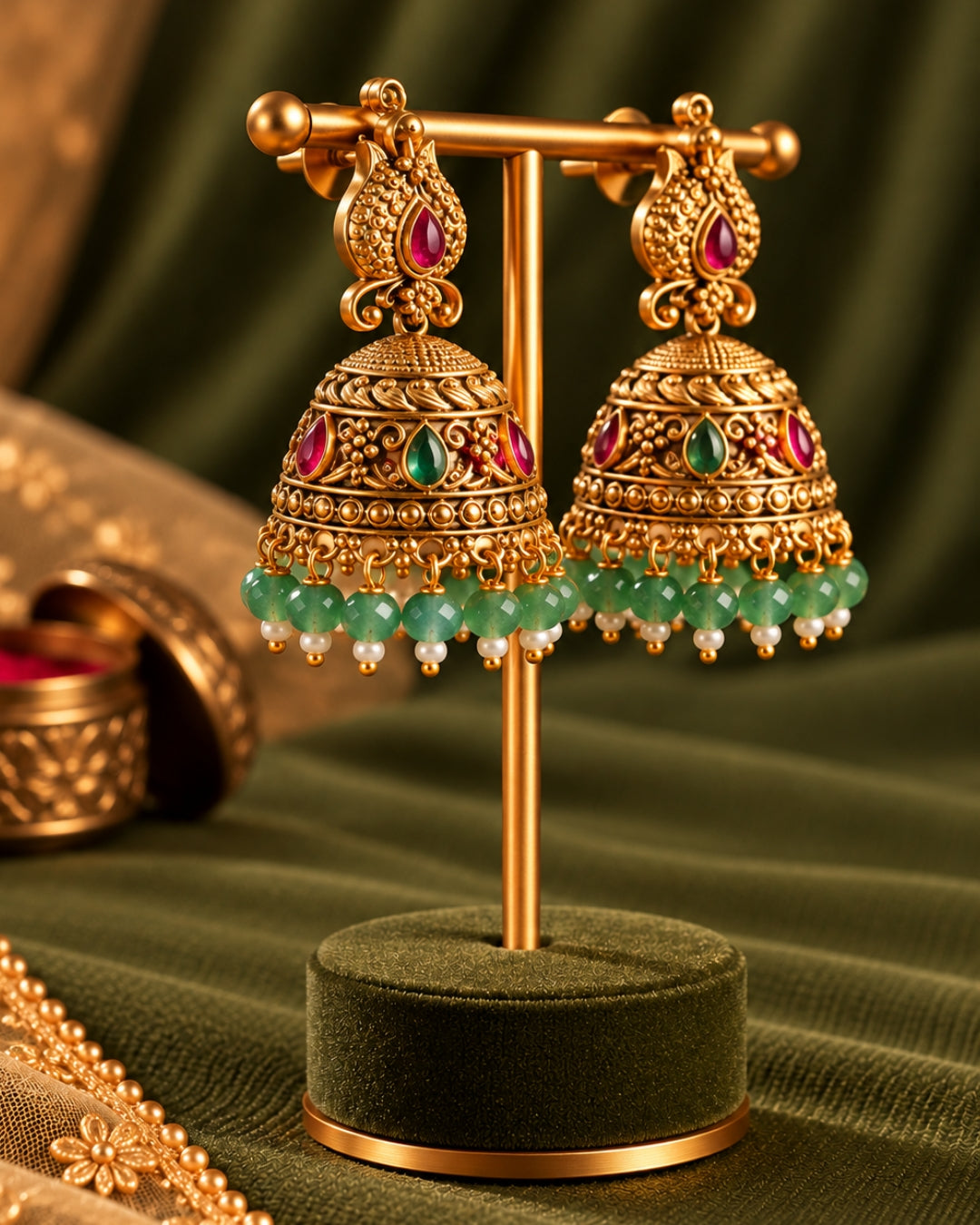 Traditional Gold-Plated Red stone & Mint Beads Bird Jhumka Earrings
