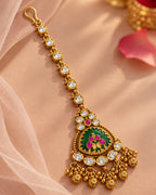 Traditional Brass Gold-Plated Maang Tikka with Green Stone & Beads