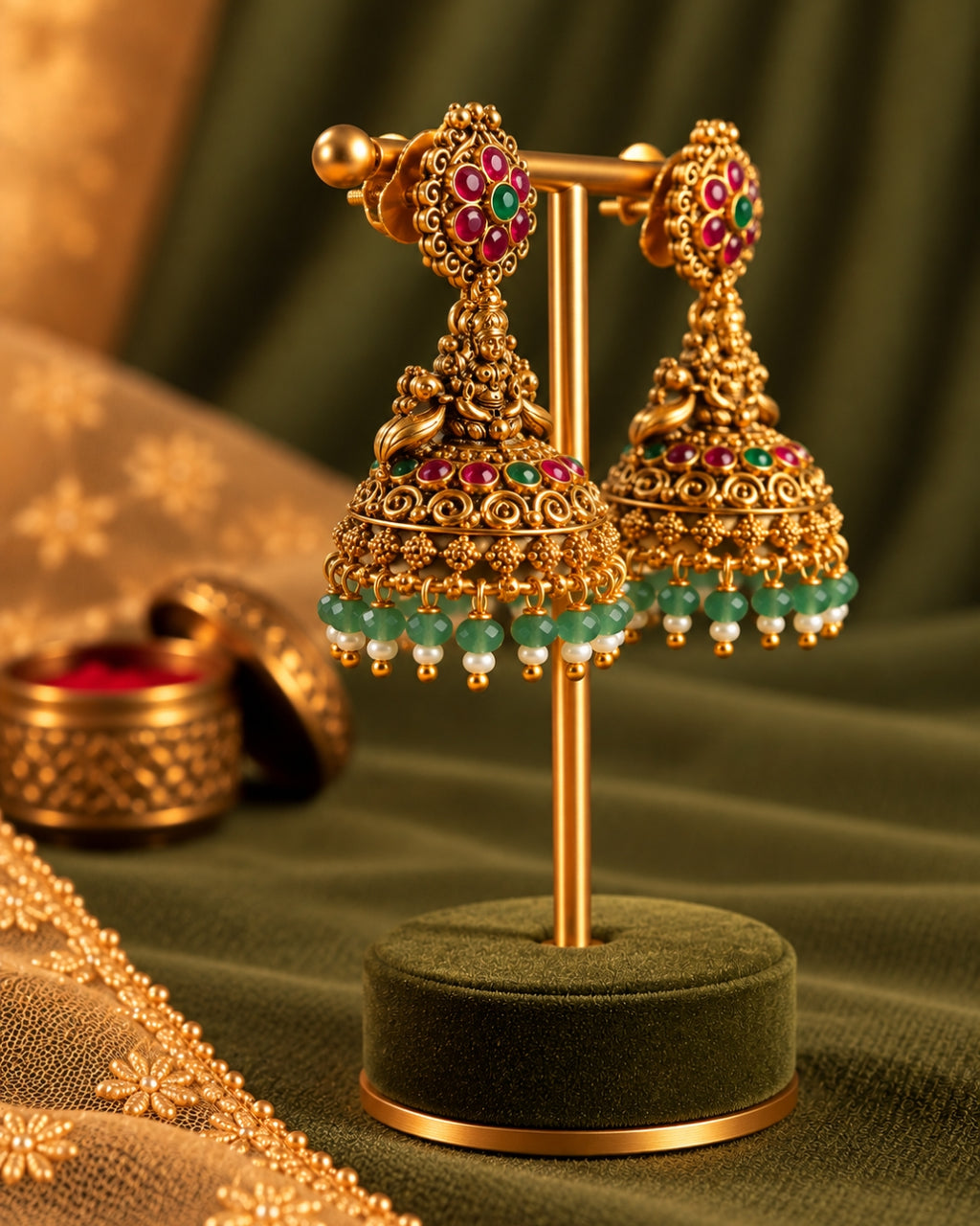 Mint Green Beaded & Red stone Temple Jhumka Earrings