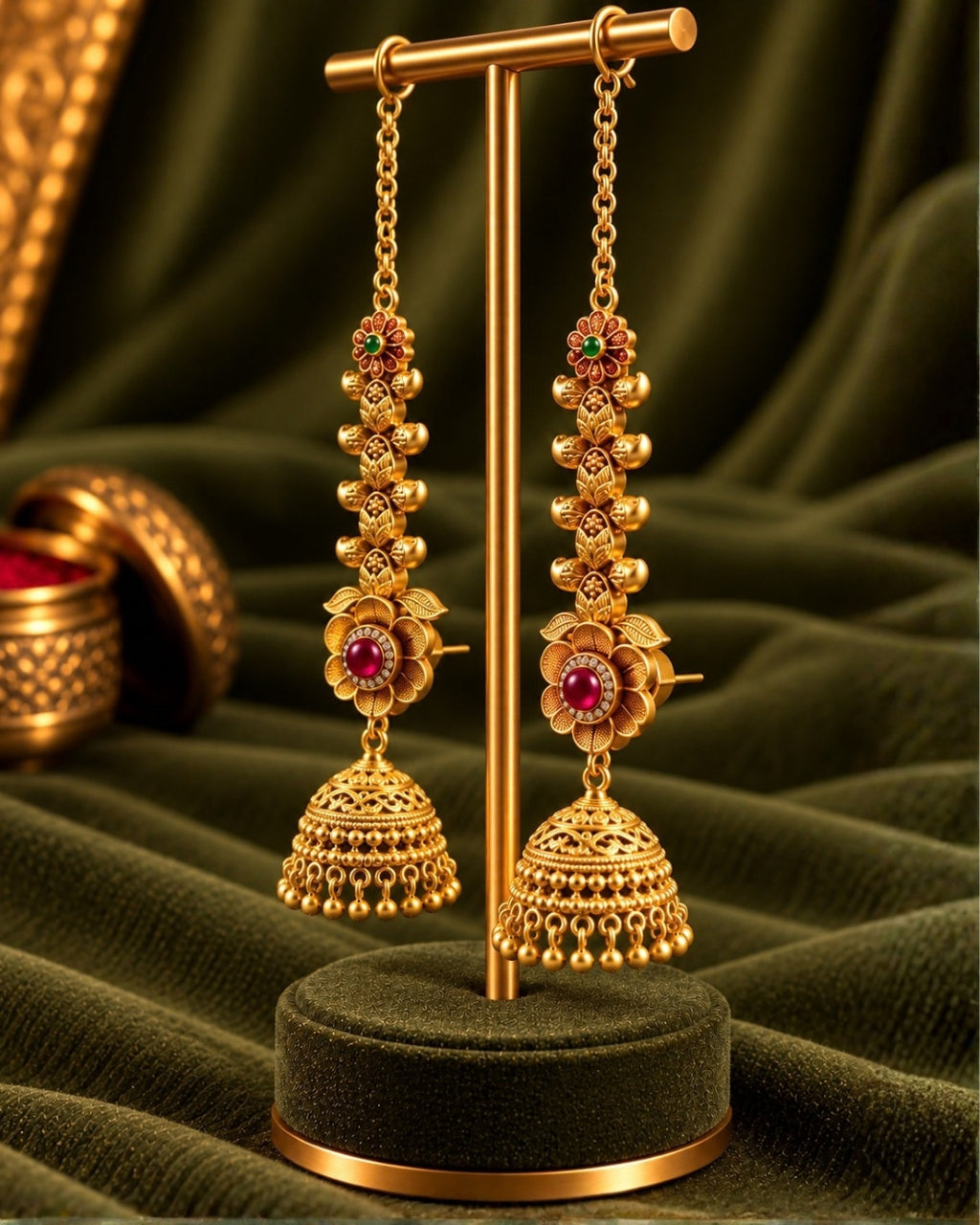 Women Brass 22K Micron Gold Plated Red Stone and AD Floral Traditional Chain Jhumka Earrings